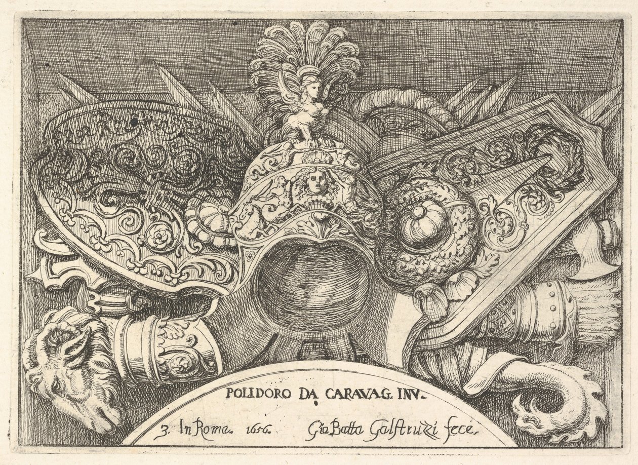 Tablica 3: trofea broni rzymskiej z dekoracji nad oknami na II piętrze ..., 1656. autorstwa Giovanni Battista Galestruzzi