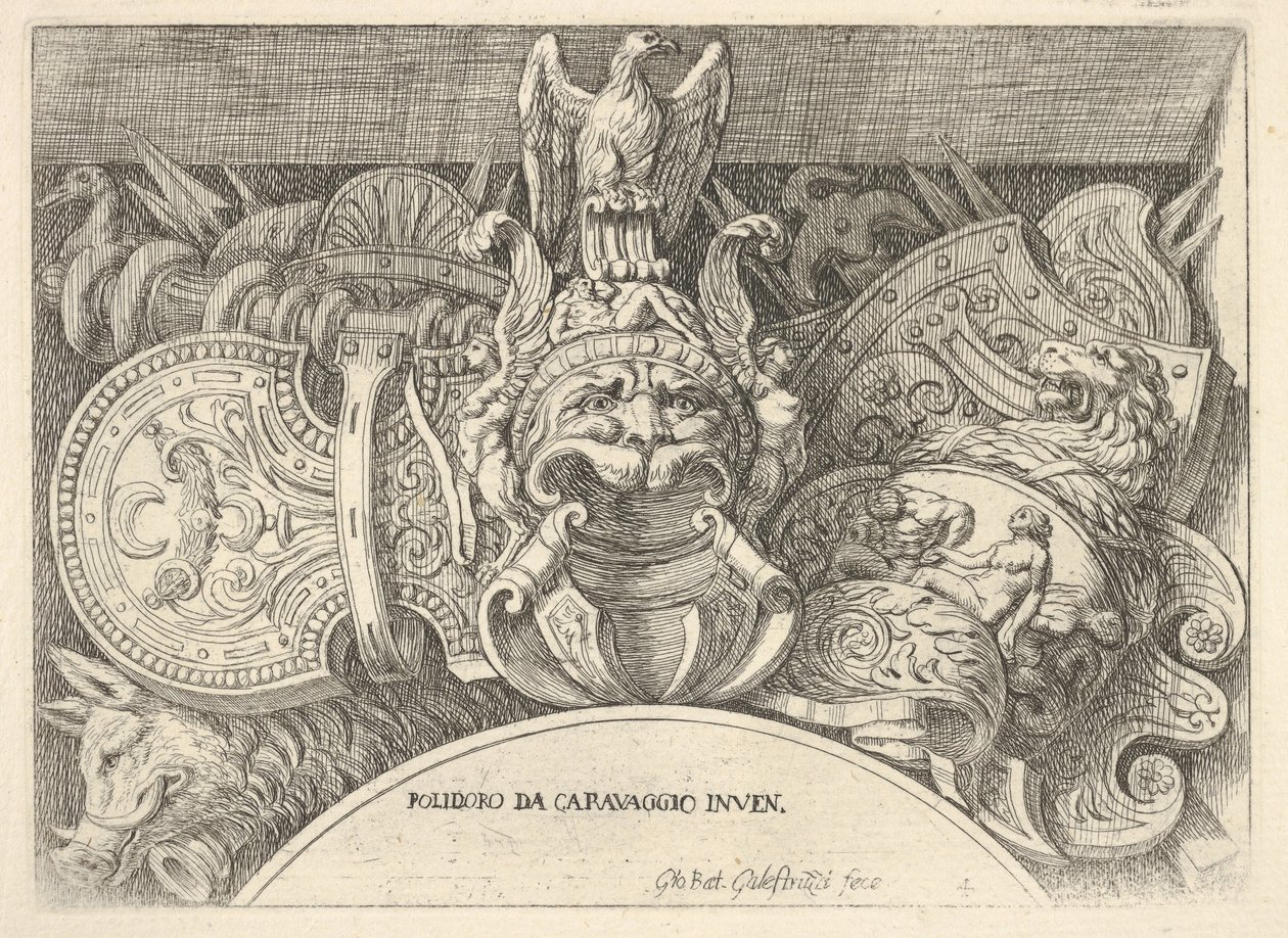 Tablica 4: trofea broni rzymskiej z dekoracji nad oknami na II piętrze..., 1656-58. autorstwa Giovanni Battista Galestruzzi