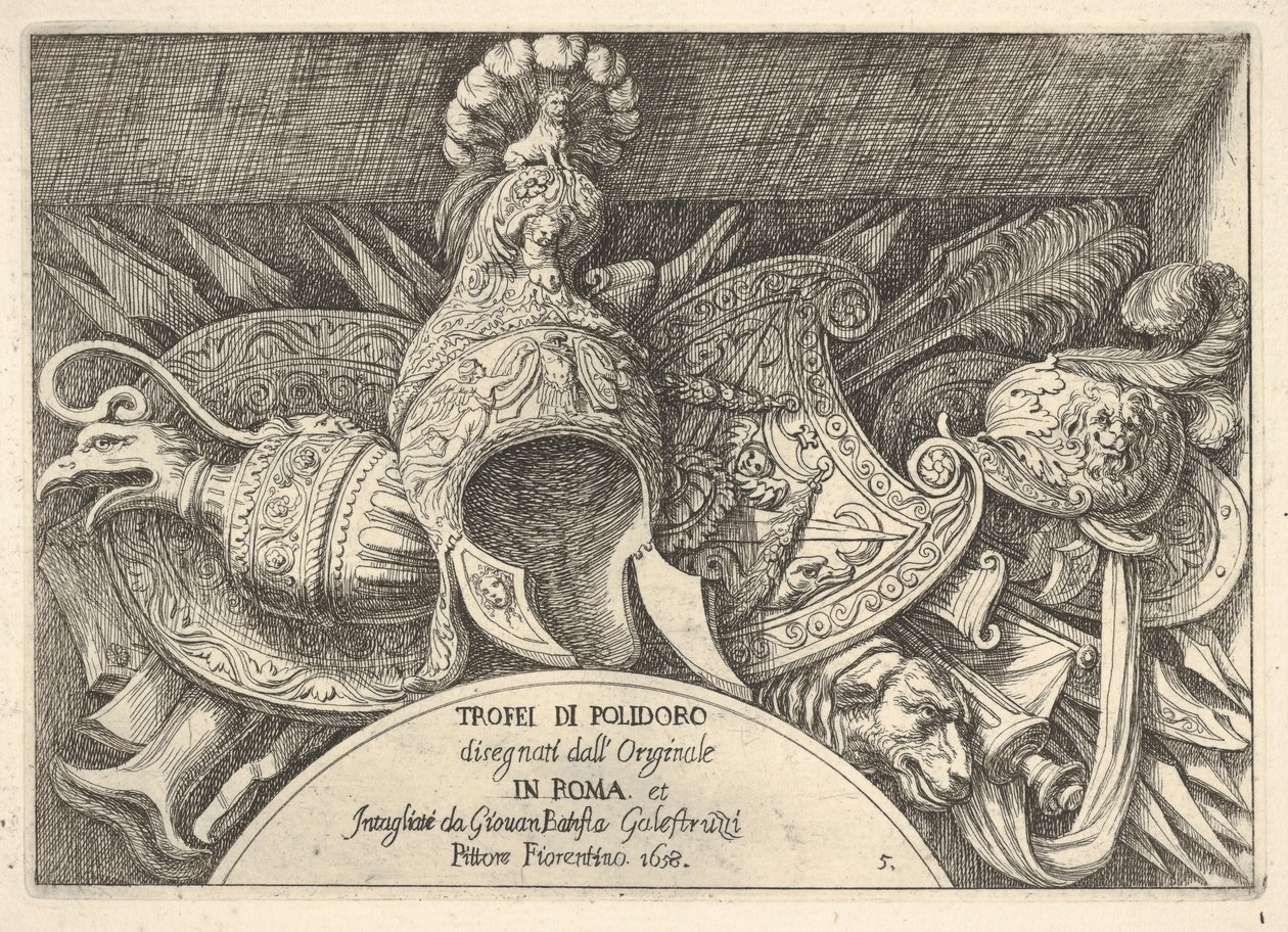 Tablica 5: trofea broni rzymskiej z dekoracji nad oknami na II piętrze ..., 1658. autorstwa Giovanni Battista Galestruzzi