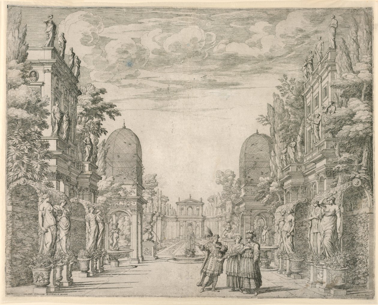 Scenografia do sceny 3 „La Vita Humana overo” z „Triumfu Piety” autorstwa Giovanni Battista Galestruzzi