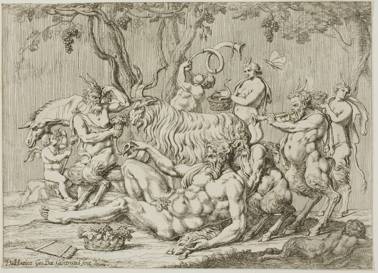 Silenus leżący z kozami i satyrami autorstwa Giovanni Battista Galestruzzi