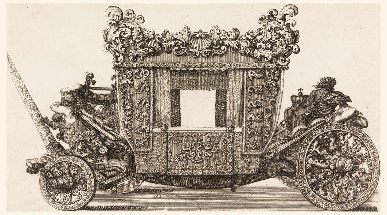 Widok z boku na pierwszy powóz (1686) Lorda Castelmaine zbudowany w 1686 przez Andreę Cornely według Ciro Ferri, 1687-1700 autorstwa Giovanni Battista Lenardi
