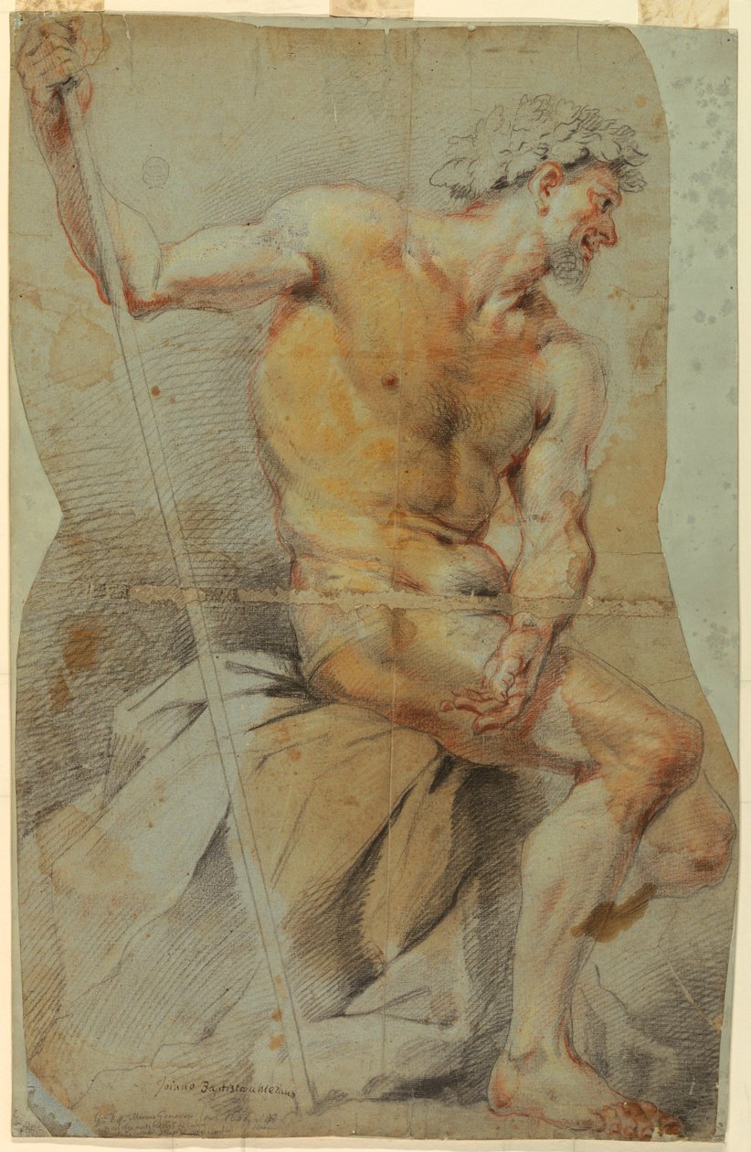 Rysunek, Studium nagiego starszego mężczyzny, Bachusa lub jednego z jego towarzyszy, 1660-70 autorstwa Giovanni Battista Merano