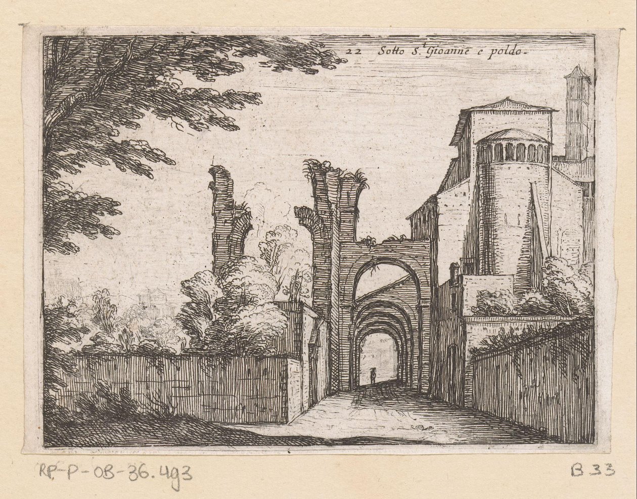 Clivus Scauri en de Santi Giovanni e Paolo Pod S.t Gioanne i poldo (tytuł na obiekcie) Gezichten op Rome (tytuł serii) Niektóre widoki i perspektywy niezamieszkałych miejsc w Rzymie (tytuł serii) autorstwa Giovanni Battista Mercati