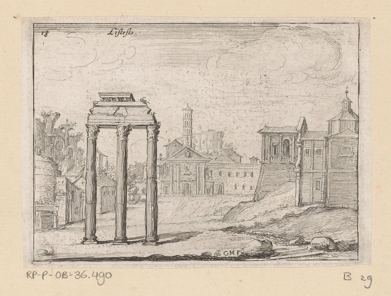 Widok na Forum Romanum w Rzymie Listesso (tytuł na obiekcie) Widoki Rzymu (tytuł serii) Alcune vedute et prospettive di luoghi dishabitati di Roma (tytuł serii) autorstwa Giovanni Battista Mercati
