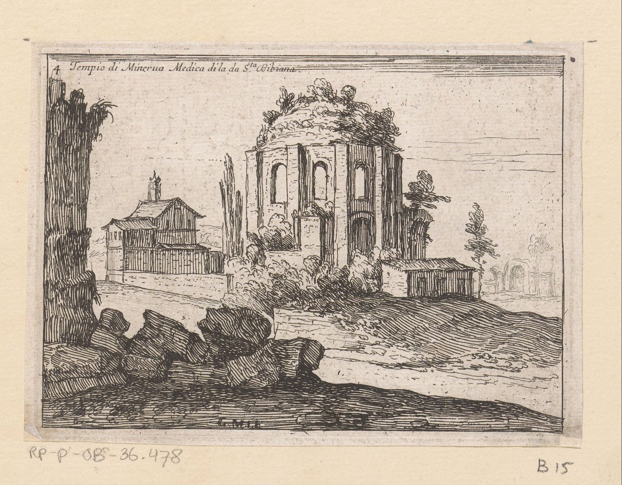 Resten van de Tempel van Minerva Medica w krajobrazie Świątynia Minerwy Medica di la da S.ta Bibiana (tytuł na obiekcie) Gezichten op Rome (tytuł serii) Niektóre widoki i perspektywy niezamieszkałych miejsc w Rzymie (tytuł serii) autorstwa Giovanni Battista Mercati