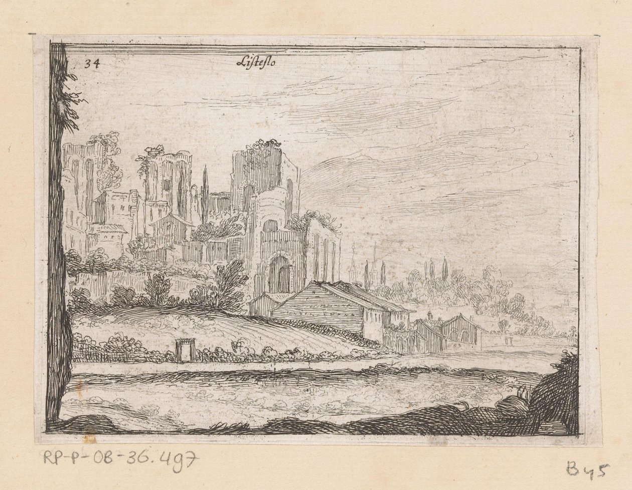 Ruïnes van Palazzo Maggiore te Rome Listesso (tytuł na obiekcie) Gezichten op Rome (tytuł serii) Niektóre widoki i perspektywy niezamieszkałych miejsc w Rzymie (tytuł serii) autorstwa Giovanni Battista Mercati
