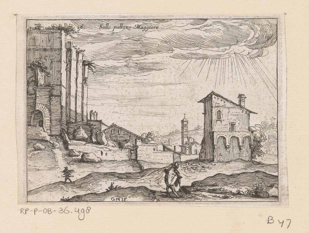 Ruiny Palazzo Maggiore w Rzymie i budynki w pobliżu Sallo pallazo Maggiore (tytuł na obiekcie) Widoki Rzymu (tytuł serii) Alcune vedute et prospettive di luoghi dishabitati di Roma (tytuł serii) autorstwa Giovanni Battista Mercati