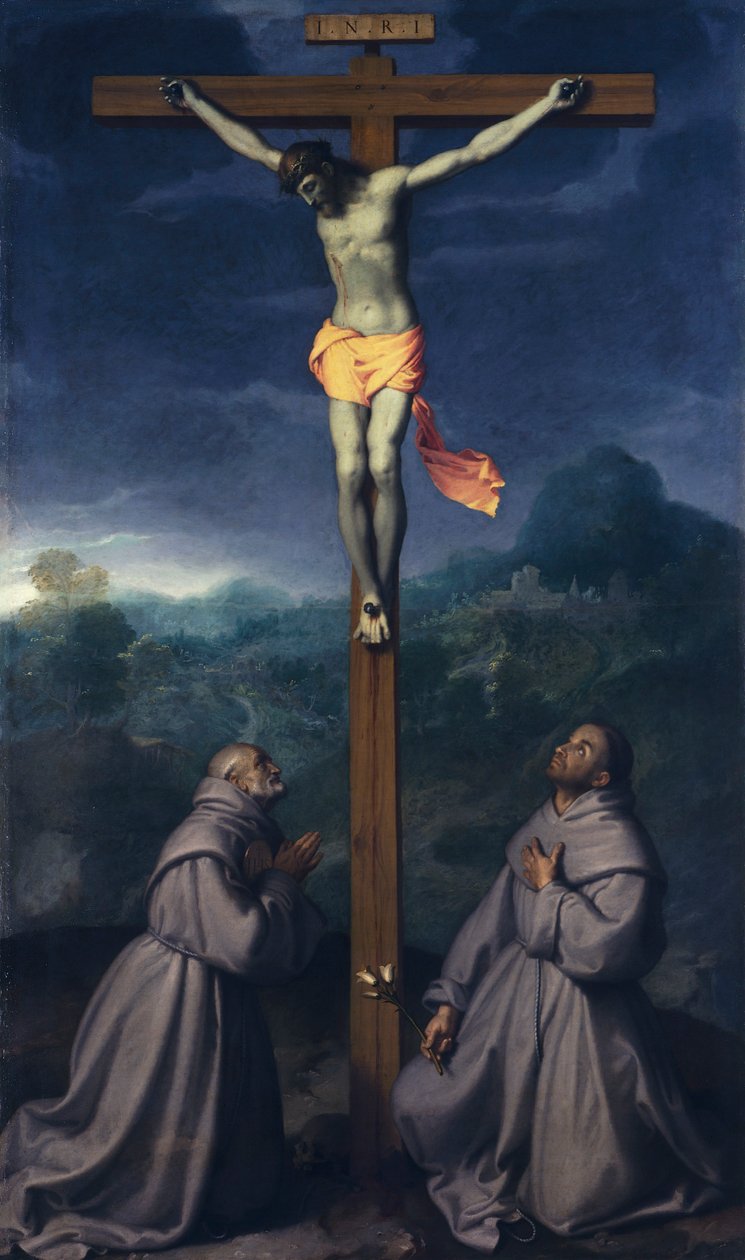 Ukrzyżowanie ze świętymi Bernardynem i Antonim z Padwy, Giovanni Battista Moroni (1525 ok. 1578), olej na płótnie, 226x133 cm, kościół San Giuliano, Albino autorstwa Giovanni Battista Moroni