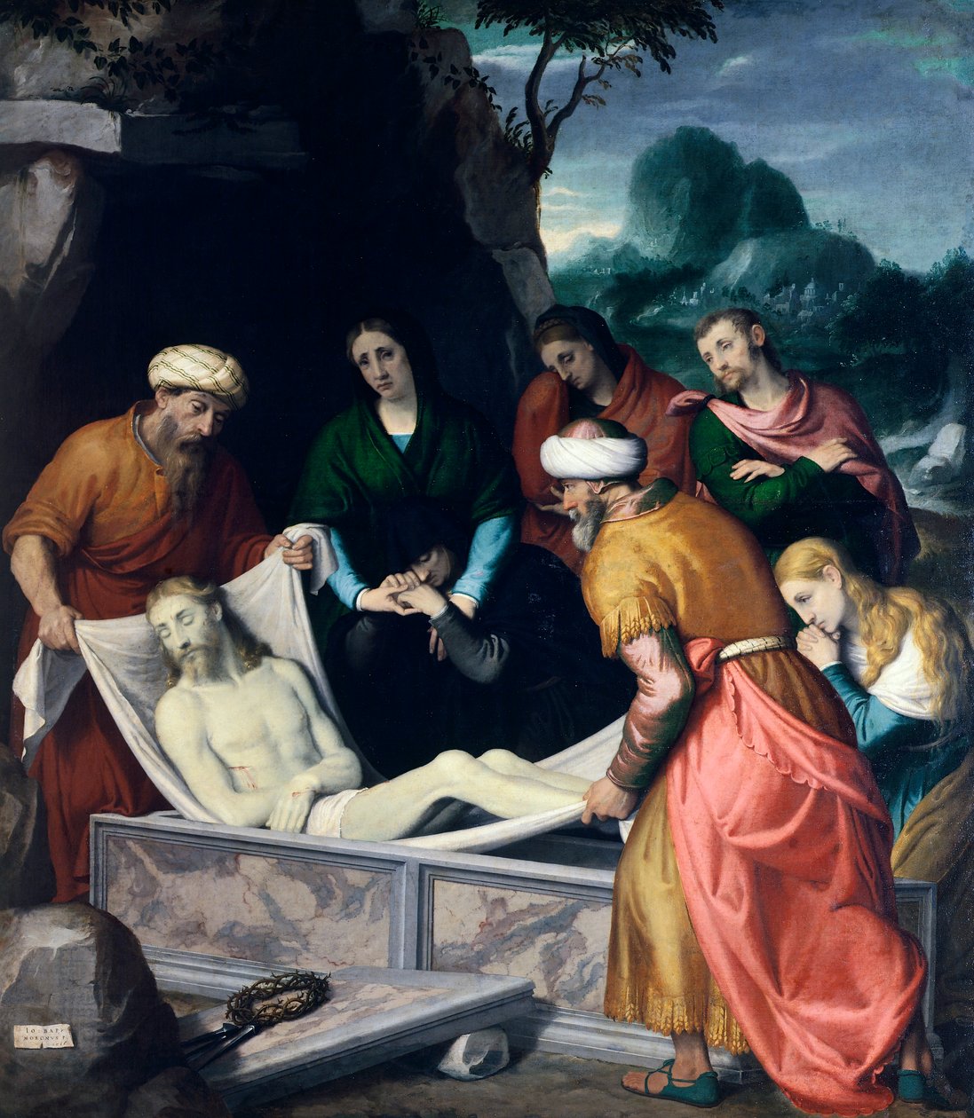 Złożenie Chrystusa do grobu, Giovanni Battista Moroni (ok. 1525-1578), olej na płótnie autorstwa Giovanni Battista Moroni