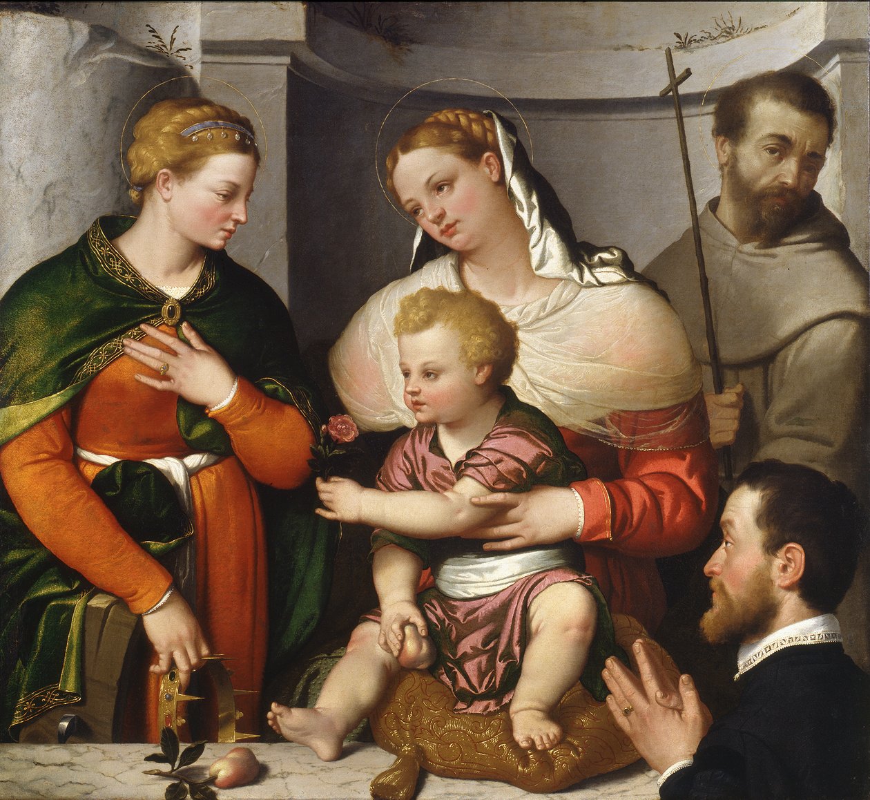 Madonna z Dzieciątkiem ze św. Katarzyną, św. Franciszkiem i Darczyńcą, ok. 1550 (olej na płótnie) autorstwa Giovanni Battista Moroni