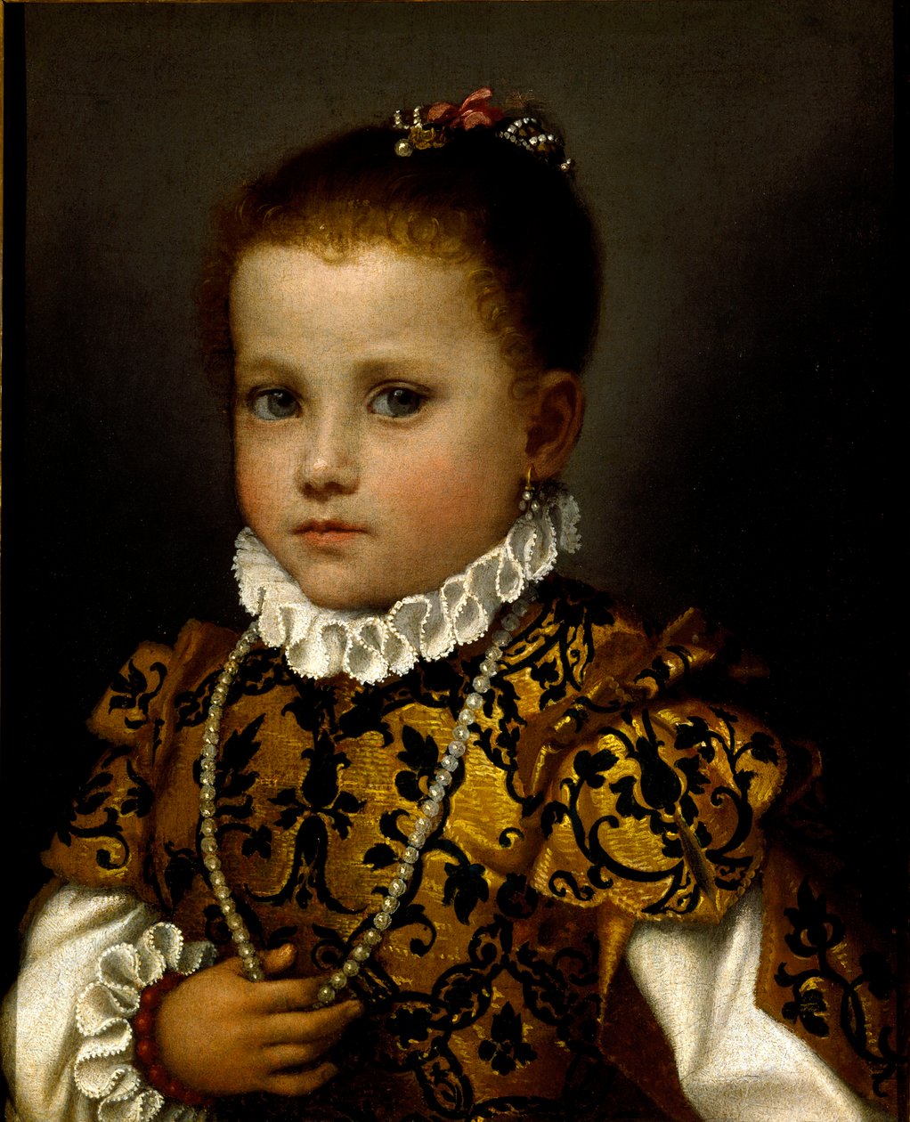 Portret małej dziewczynki Mała dziewczynka bogato ubrana w brokatową sukienkę, nosi naszyjnik z pereł i truskawkową obrożę. Obraz Giovana Battisty Moroniego (ok. 1529-1578) autorstwa Giovanni Battista Moroni
