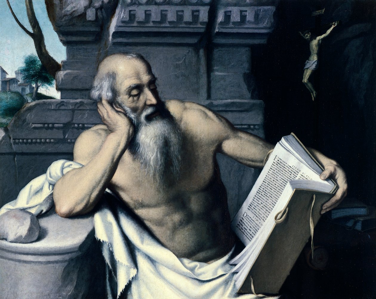 Medytujący lub czytający św. Hieronim, Giovanni Battista Moroni (ok. 1525-1578), olej na płótnie autorstwa Giovanni Battista Moroni
