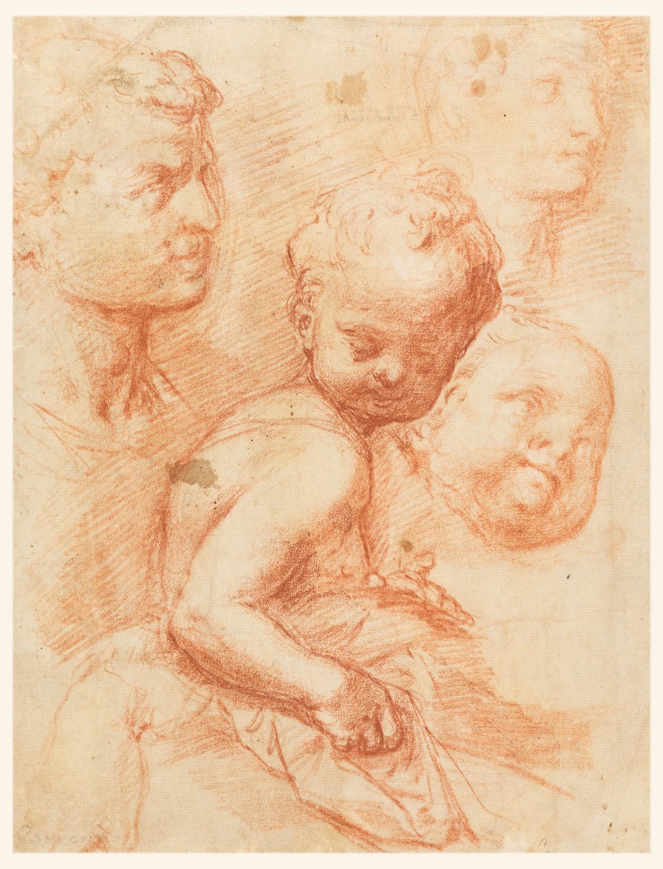 Rysunek, Studium głowy mężczyzny, kobiety i dziecka, siedzące dziecko, ok. 1570 r. autorstwa Giovanni Battista Naldini