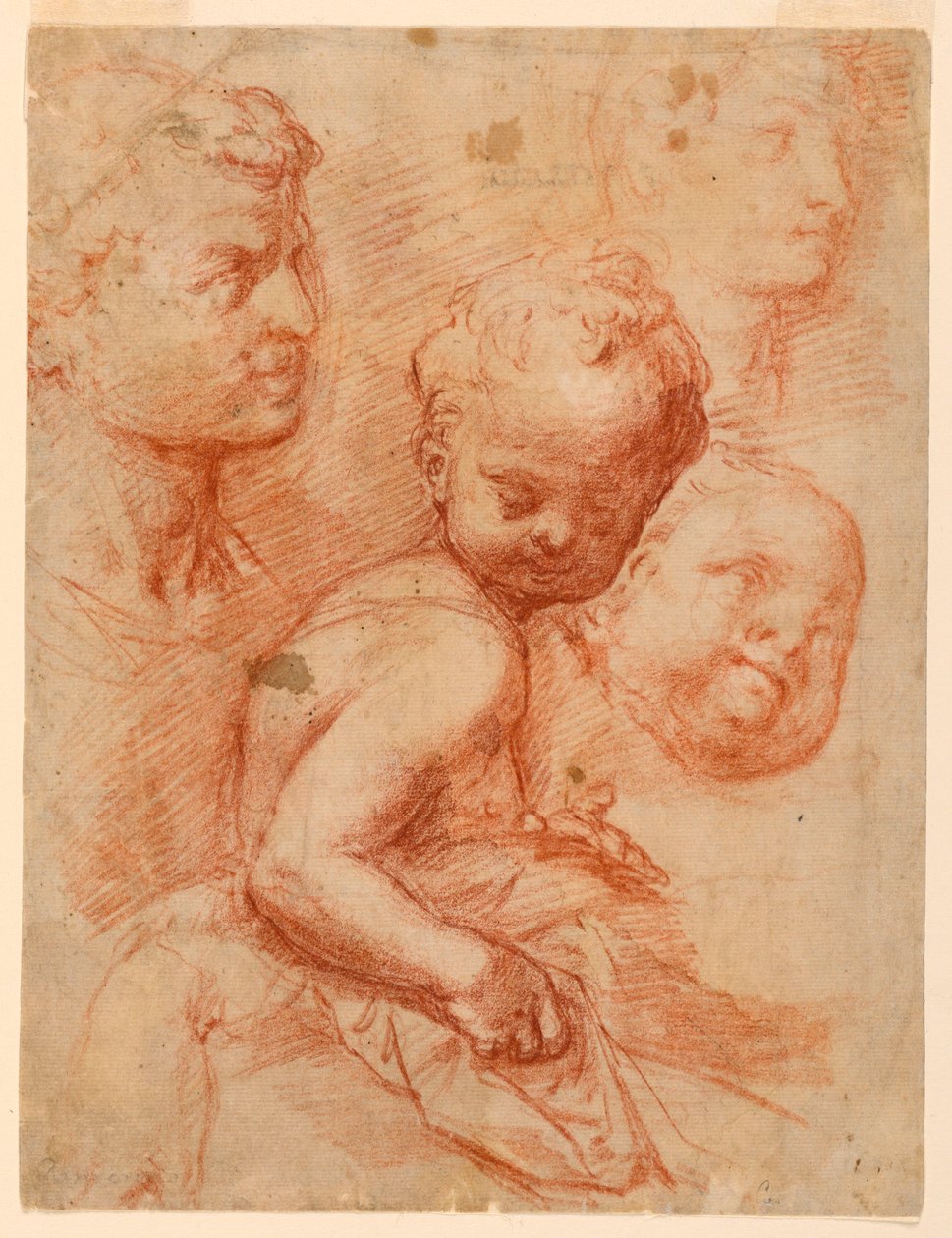 Rysunek, Studium głowy mężczyzny, kobiety i dziecka, siedzące dziecko, ok. 1570 r. autorstwa Giovanni Battista Naldini