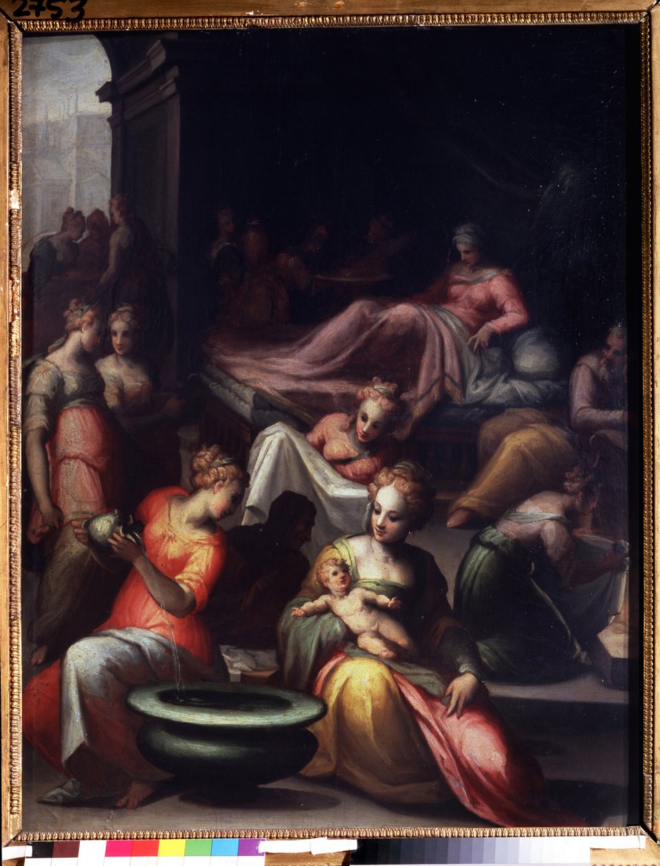 Narodziny św. Jana Chrzciciela (Narodziny Jana Chrzciciela). Obraz Giovanniego Battisty Naldini (1537-1591). Olej na płótnie. Słońce: 89x74cm. Sztuka manieryzmu florenckiego. Muzeum Puszkina w Moskwie. autorstwa Giovanni Battista Naldini