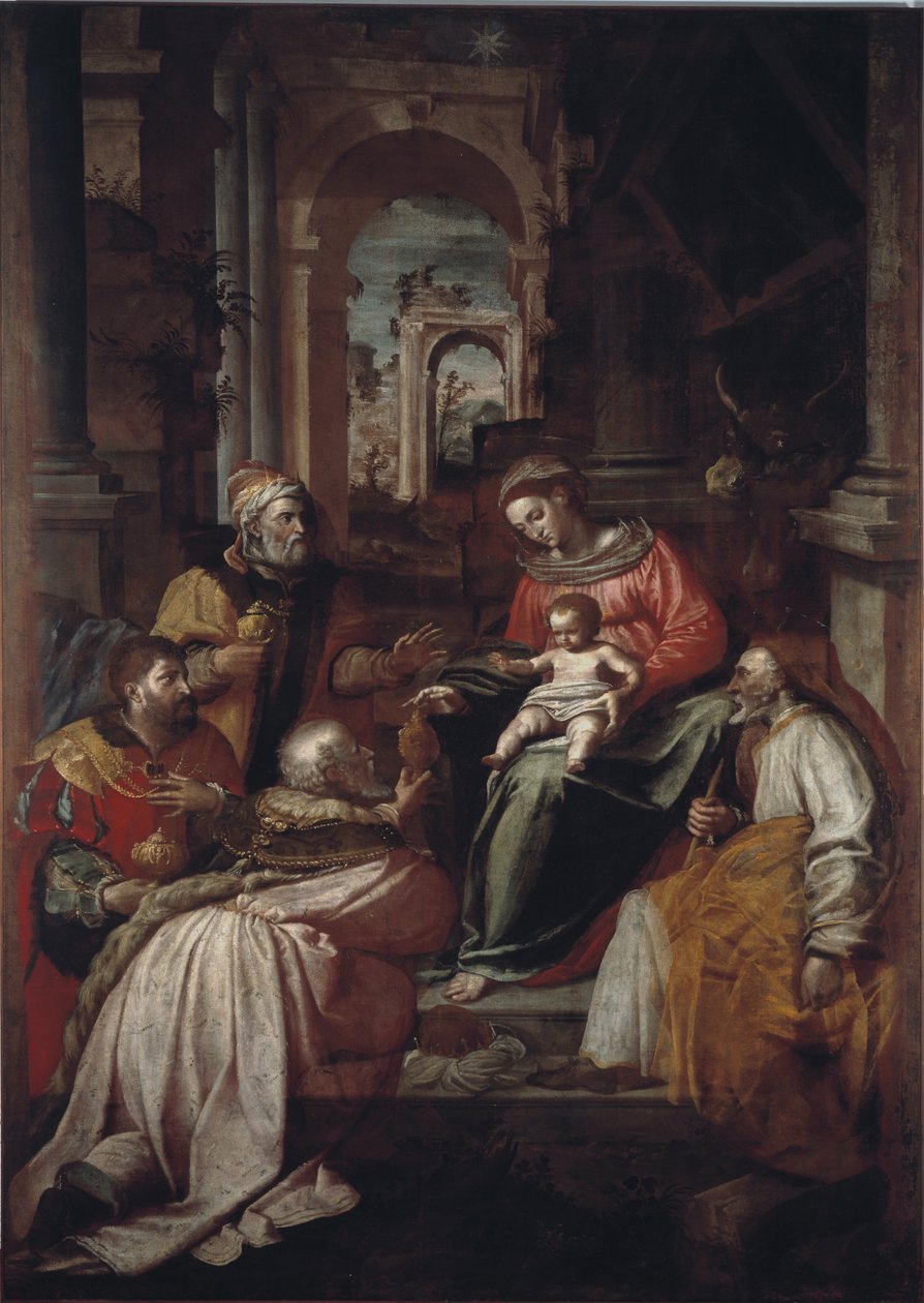 Adoracja obrazu Trzech Króli – Giovanni Battista Perolli (XVI w.) 1567 Genes, Museo Diocesano autorstwa Giovanni Battista Perolli