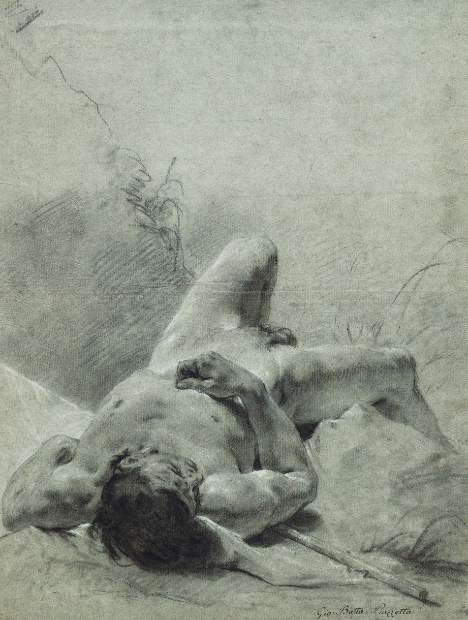 Nagi młodzieniec rozciągnięty na plecach, na brzegu, leżący na sztandarze, autorstwa Giovanni Battista Piazzetta