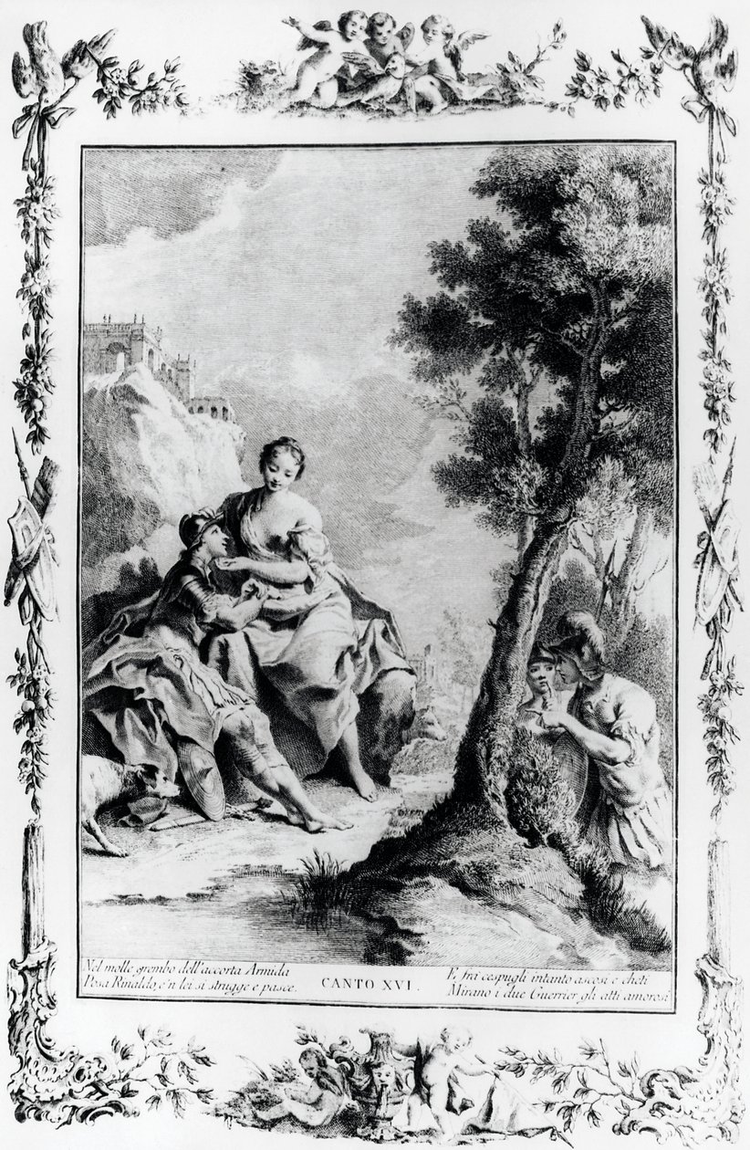 Armida i Rinaldo widziani przez krzyżowców Carlo i Ubaldo, kanto XVI, Jerozolima wydana autorstwa Giovanni Battista Piazzetta