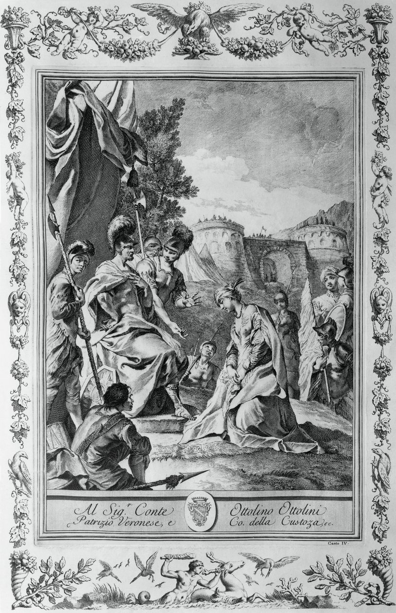 Armida przed Goffredo, grawerowanie, Giovanni Battista Piazzetta (1683-1754) dla Canto III of Jerusalem Delivered, Torquato Tasso (1544-1595), wydane przez Giovanni Battista Albrizzi, Wenecja, Włochy autorstwa Giovanni Battista Piazzetta