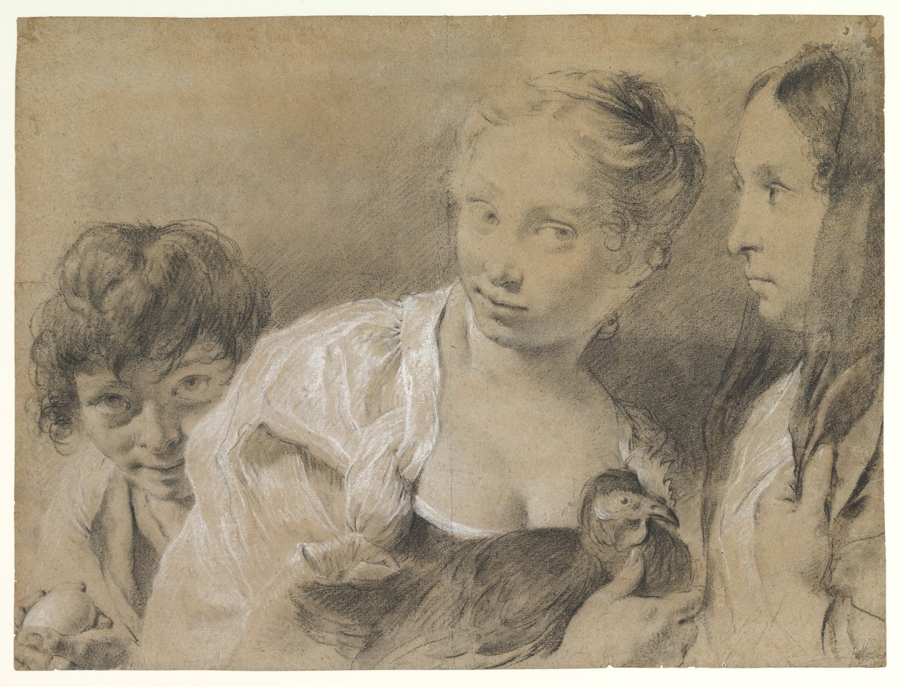 Chłopiec z jajkiem, dziewczynka z kurą i przyglądająca się kobieta autorstwa Giovanni Battista Piazzetta