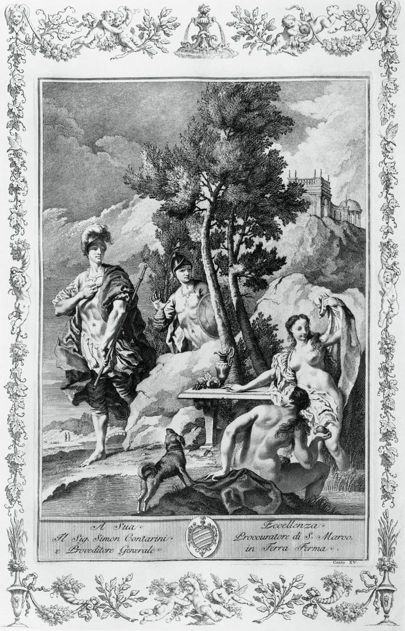 Carlo i Ubaldo w Happy Islands, rycina, Giovanni Battista Piazzetta (1683-1754) dla Canto XV of Jerusalem Delivered, Torquato Tasso (1544-1595), wydanie Giovanni Battista Albrizzi, Wenecja, Włochy autorstwa Giovanni Battista Piazzetta