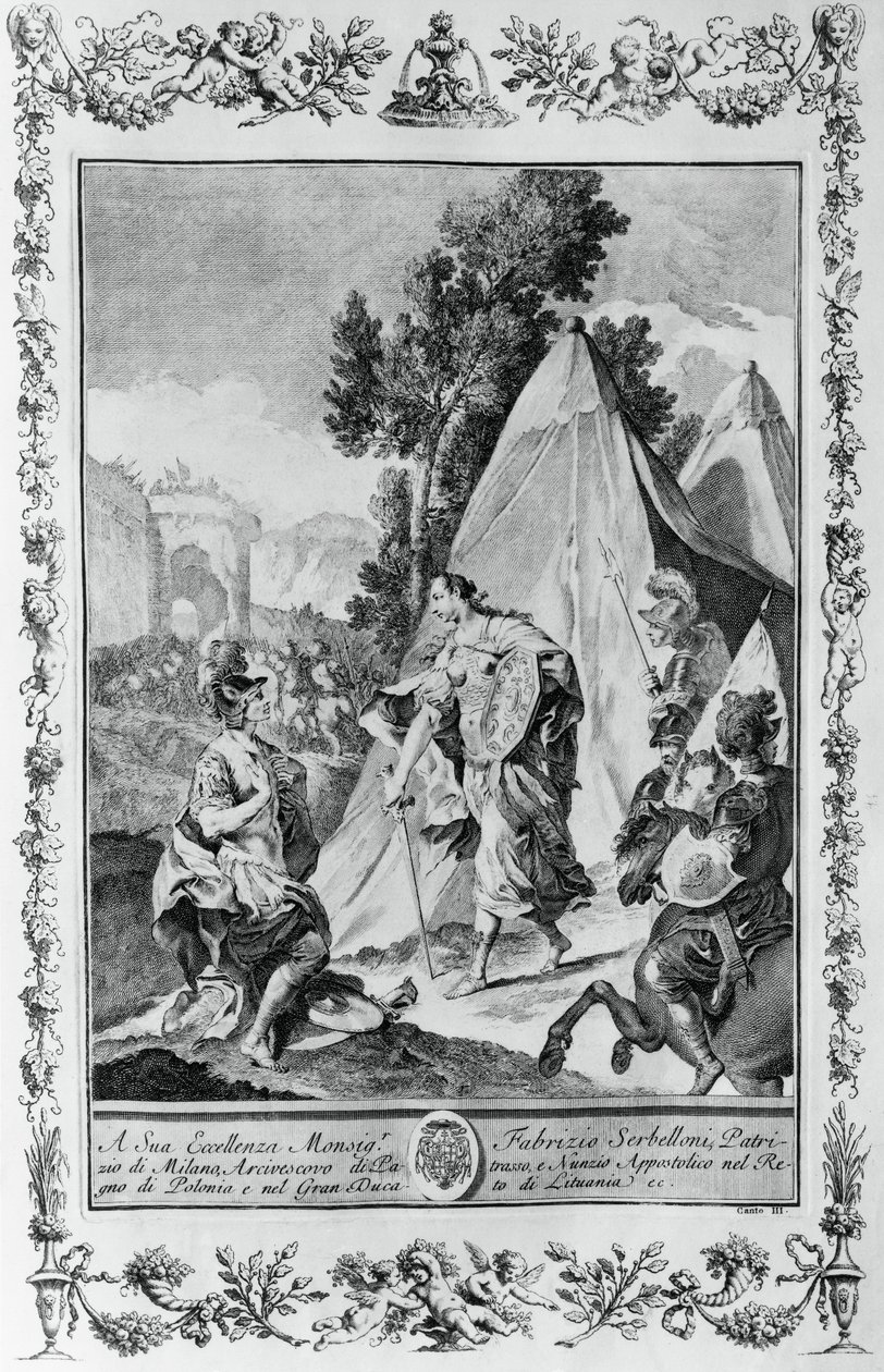 Crusaders at Siege of Jerusalem , grawerowanie, przez Giovanni Battista Piazzetta (1683-1754) dla Canto III of Jerusalem Delivered, przez Torquato Tasso (1544-1595), wydane przez Giovanni Battista Albrizzi, Wenecja, Włochy autorstwa Giovanni Battista Piazzetta