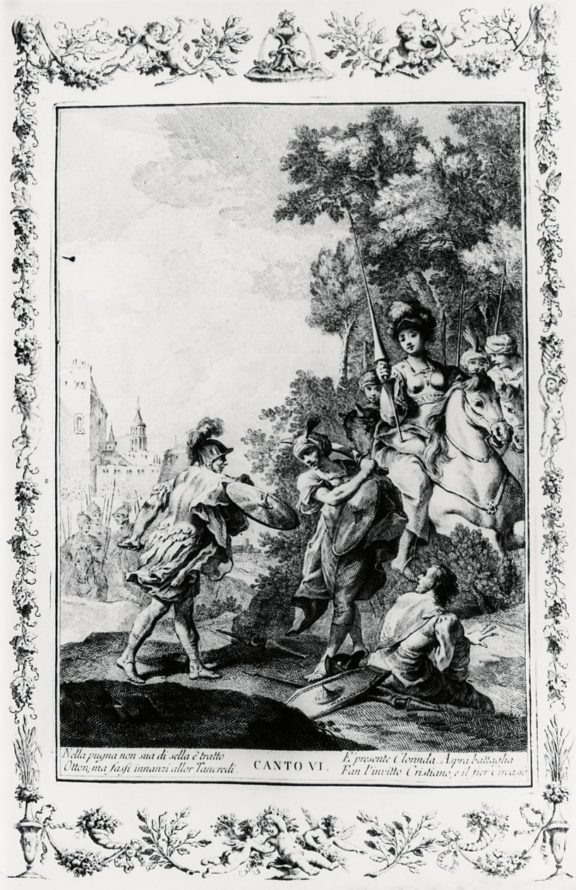 Pojedynek między Ottonem i Tancredi w obecności Clorinda, kanto VI, Jerozolima wygłoszona autorstwa Giovanni Battista Piazzetta