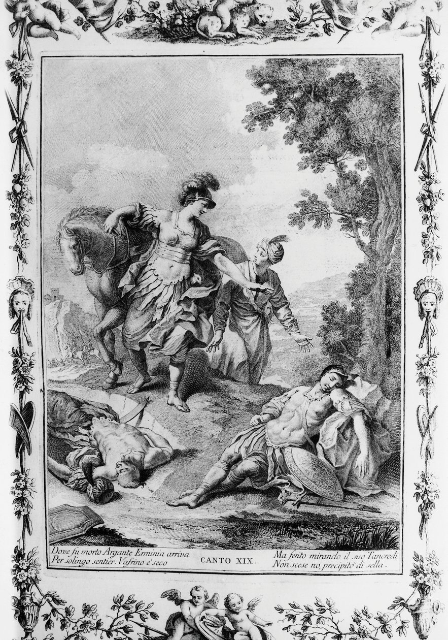 Erminia natknęła się na rannego Tancredi, Canto XIX, Jerozolima wydana autorstwa Giovanni Battista Piazzetta