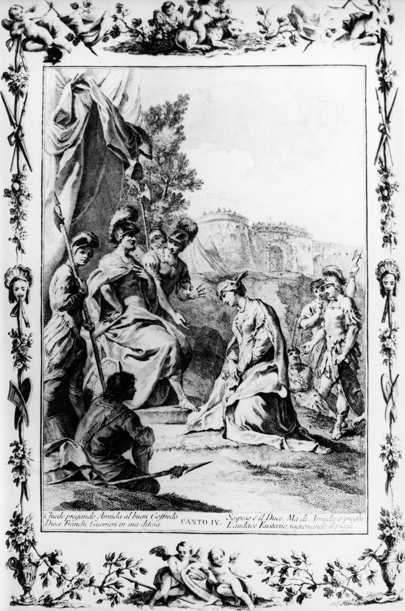 Eustacjusz wstawia się za Armidą u Godfreya z Bouillon, kanto IV, wyzwolenie Jerozolimy autorstwa Giovanni Battista Piazzetta