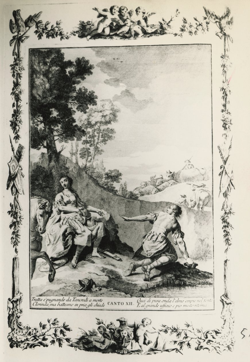 Jerusalem Delived, canto XII, ilustracja Giovanni Battista Piazzetta (1683-1754) do poematu Torquato Tasso (1544-1595), wydanie wydane w Wenecji w 1745, Włochy autorstwa Giovanni Battista Piazzetta