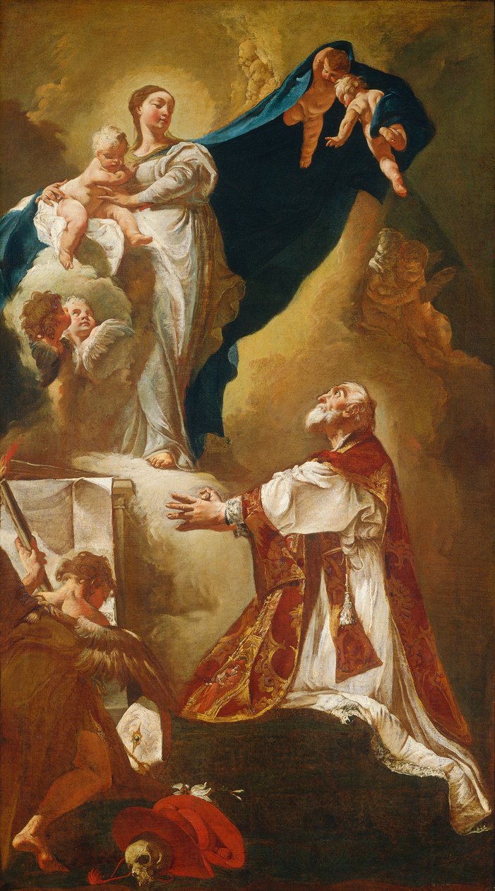 Madonna z Dzieciątkiem ukazująca się św. Filipowi Neri, prawdopodobnie 1725 lub później. autorstwa Giovanni Battista Piazzetta