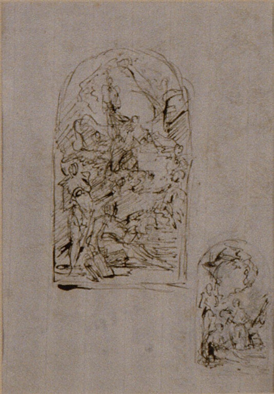 Szkice ołtarza ze świętą Małgorzatą z Kortony, świętym Sebastianem i świętym Rochem (recto); Dwa szkice ołtarza (verso) autorstwa Giovanni Battista Piazzetta