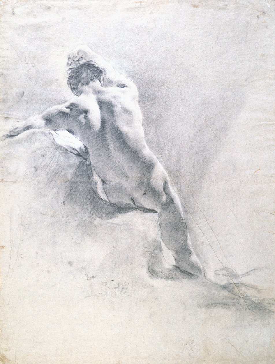 Studium aktu męskiego, ok. 1715 (czarna kreda podkreślona bielą na papierze) autorstwa Giovanni Battista Piazzetta