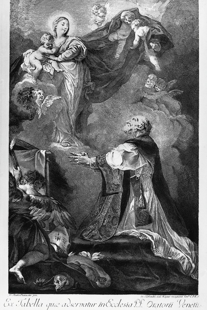 Dziewica ukazująca się św. Filipowi Neri, przez Giovanni Battista Piazzetta (1682-1754), grawerowanie przez Innocente Alessandri, Włochy autorstwa Giovanni Battista Piazzetta