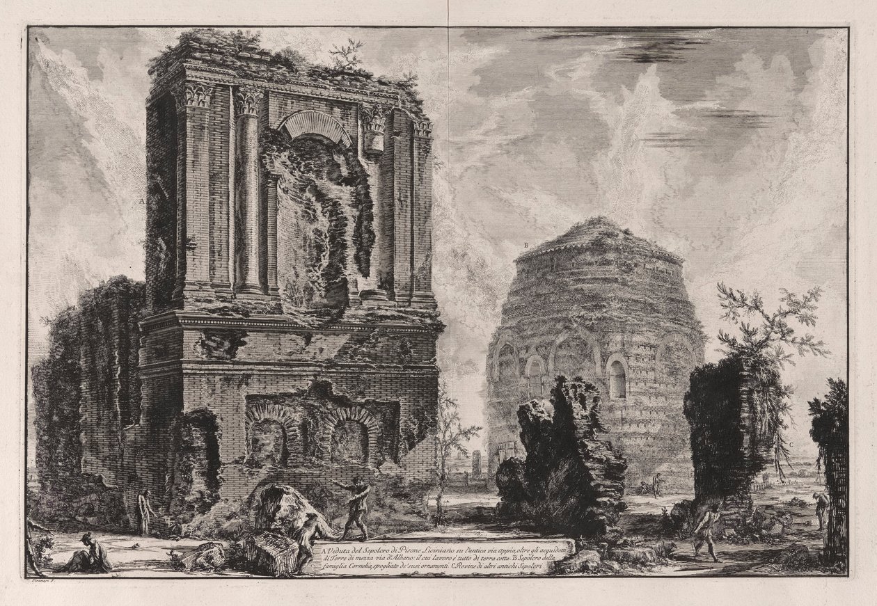 A. Widok grobu Pisone Liciniano na l autorstwa Giovanni Battista Piranesi