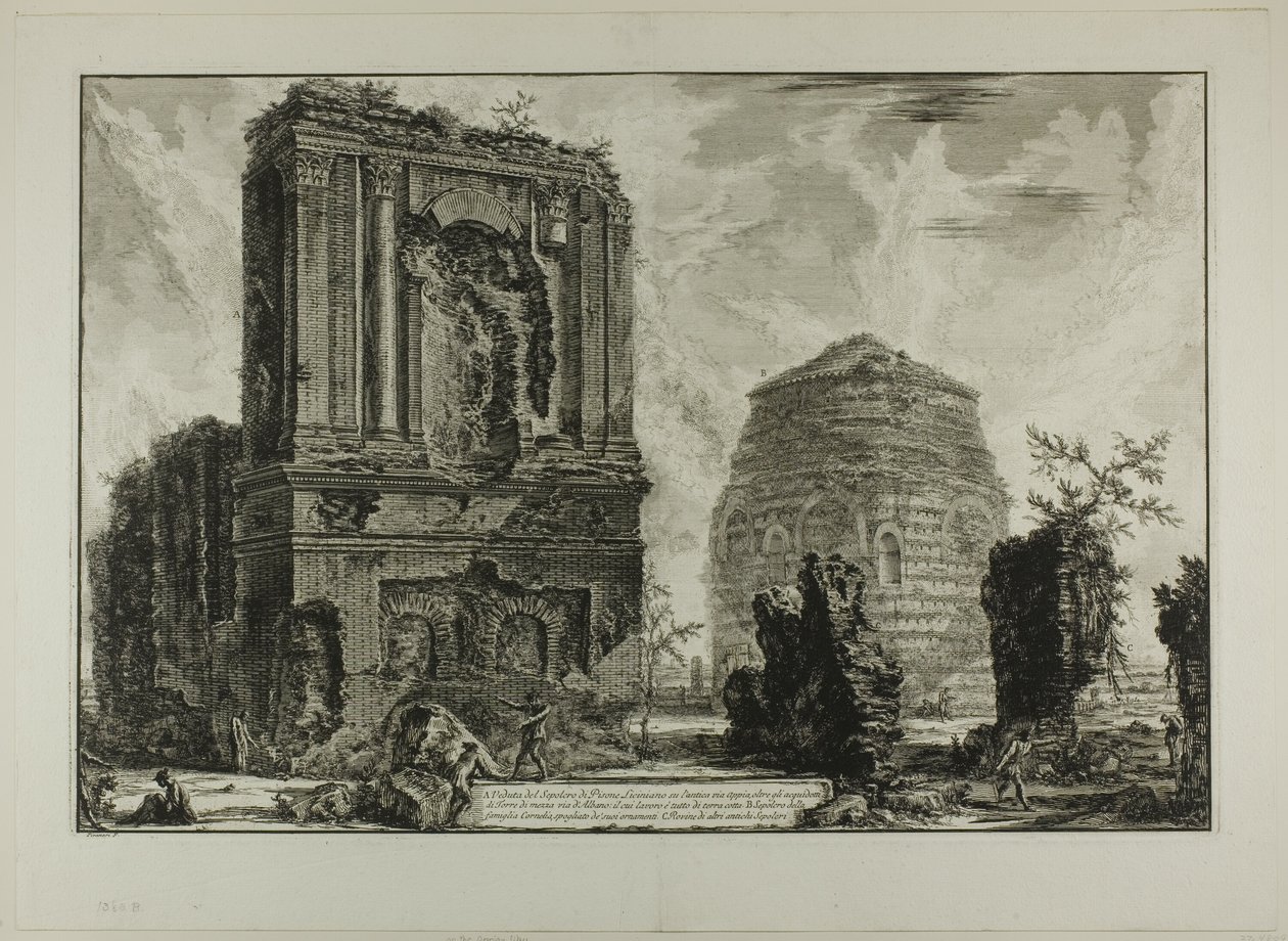A. Widok grobowca Licinianusa Piso na starożytnej Drodze Appijskiej... B. Grób Korneliusza..., z Widoków Rzymu autorstwa Giovanni Battista Piranesi