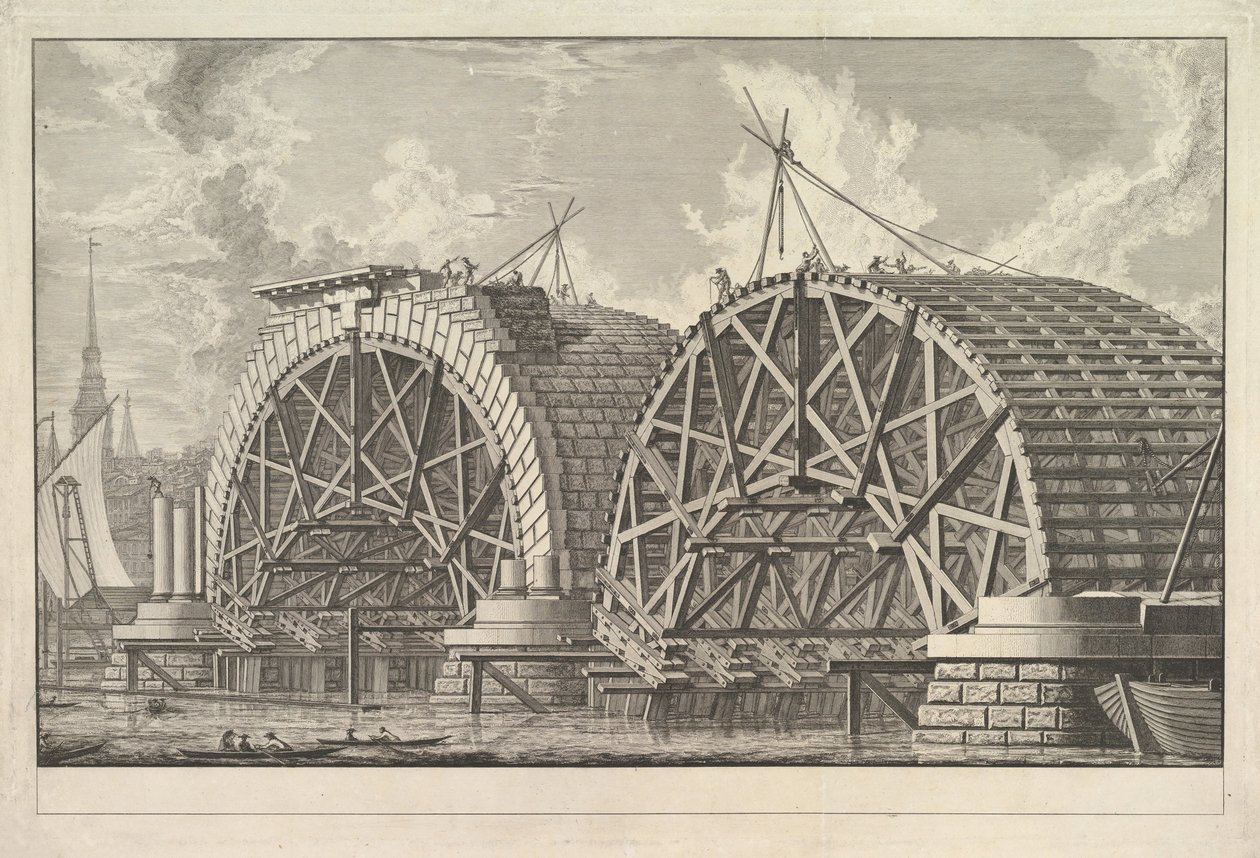 Widok części zamierzonego mostu w Blackfriars, Londyn, ca. 1764. autorstwa Giovanni Battista Piranesi