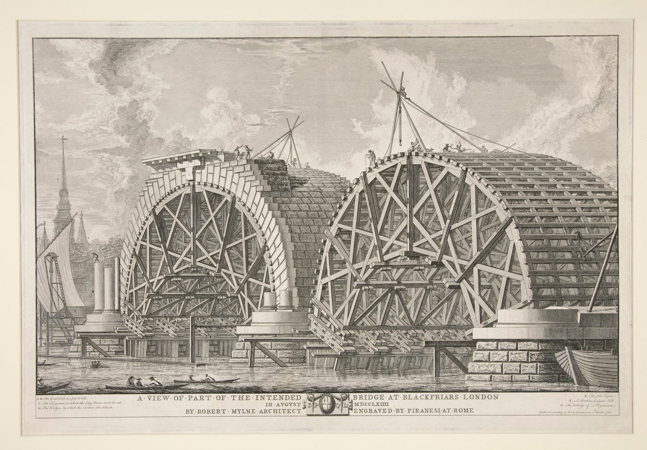 Widok części zamierzonego mostu w Blackfriars w Londynie, w sierpniu MDCCLXIIII autorstwa Roberta Mylne, architekta, wyryty przez Piranesiego w Rzymie autorstwa Giovanni Battista Piranesi