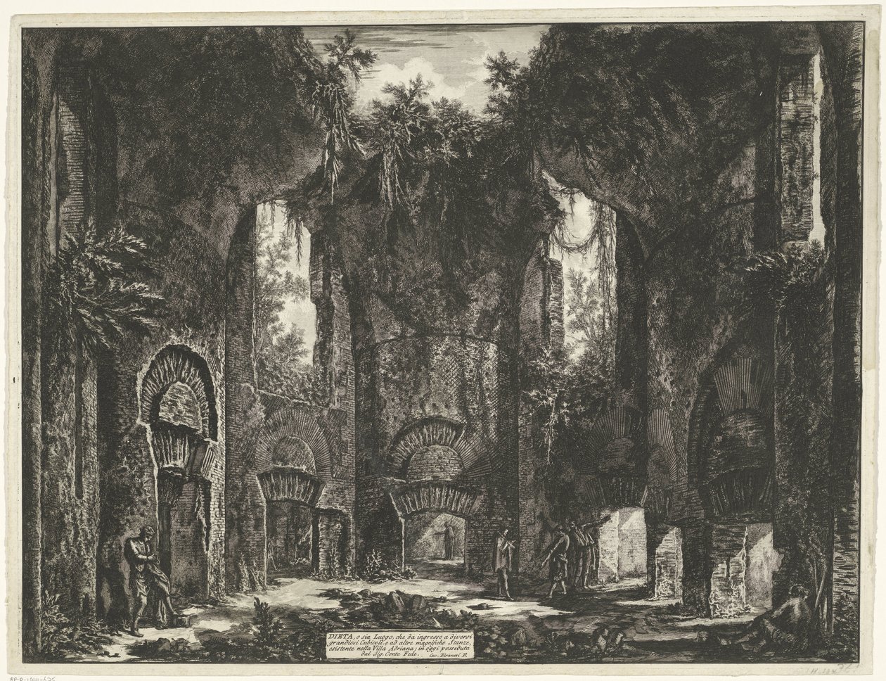 Akademia w de Villa Adriana t i Tivoli Dieta, czyli jedno i drugie Miejsce, które daje wejście do kilku okazałych Komnat, i do innych wspaniałych Pokojów, istniejących w Willi Adrian (...) (tytuł na obiekcie) Gezichten op Rome (tytuł serii) Rysowane i graw autorstwa Giovanni Battista Piranesi