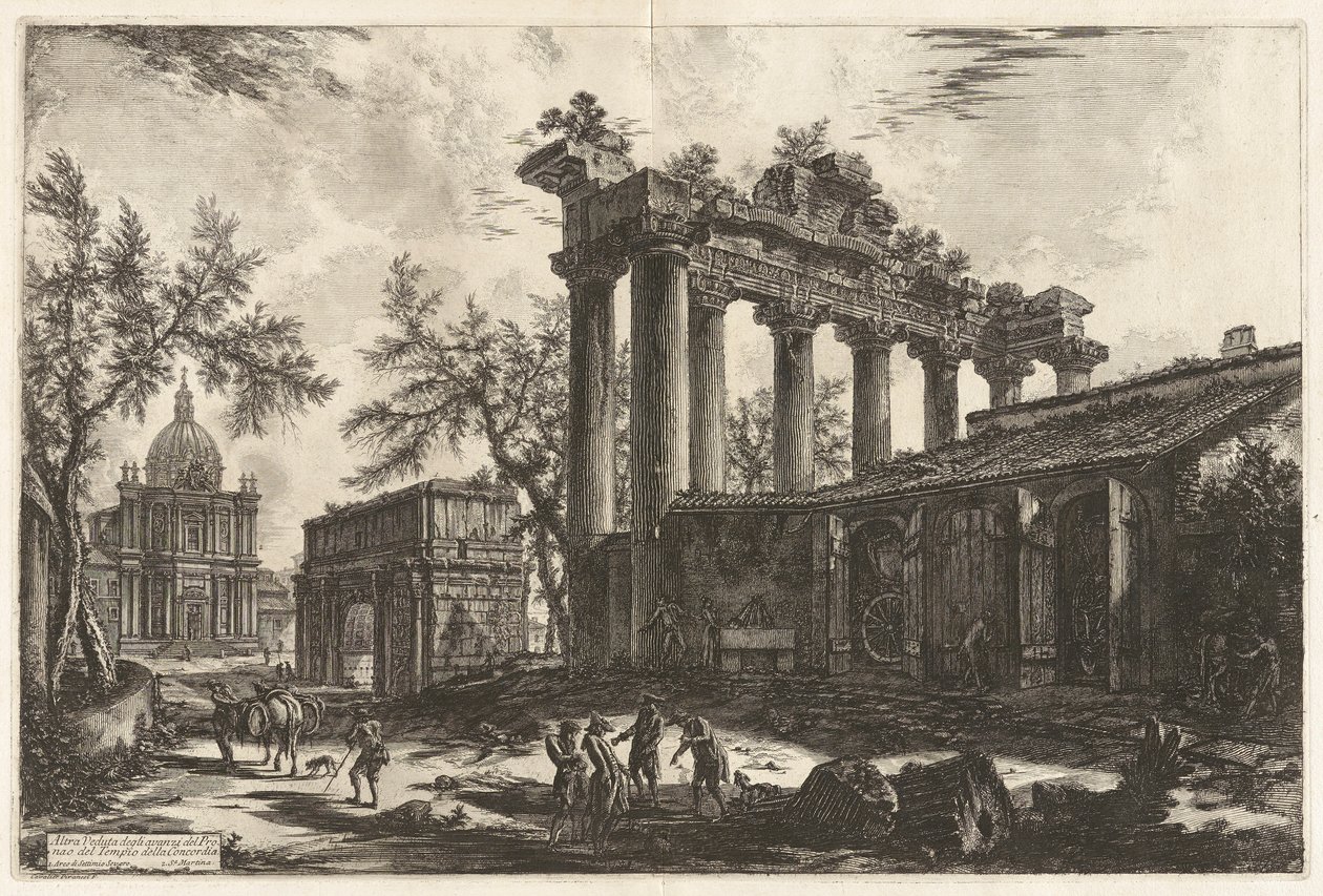 Altra Veduta degli avanzi del Pronao del Tempio del Concordia (Kolejny widok szczątków pronaosów Świątyni Zgody [Świątynia Saturna z Łukiem Septymiusza Sewera w lewym tle]), z Vedute di Roma (Widoki Rzymu) autorstwa Giovanni Battista Piranesi