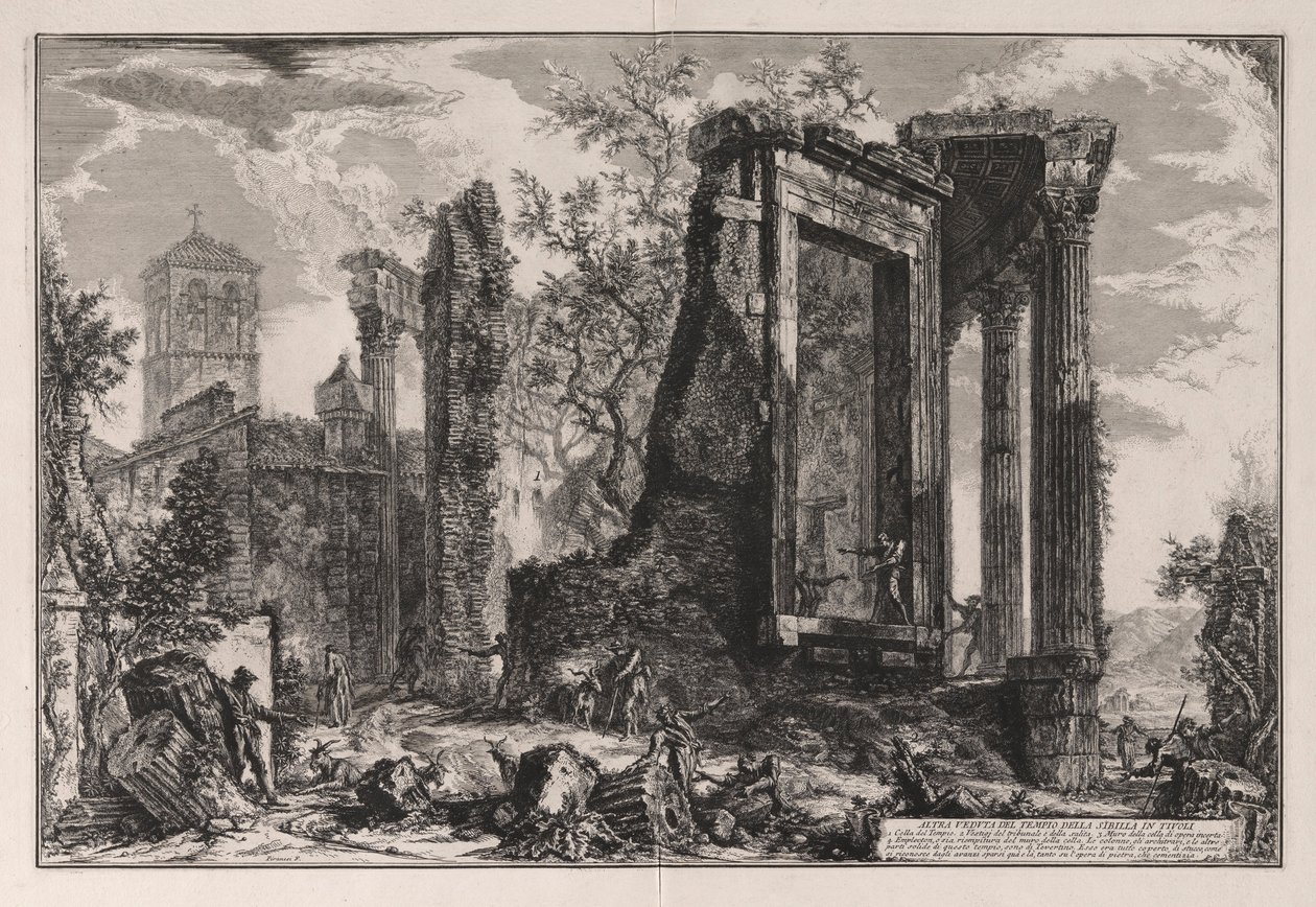 Kolejny widok na świątynię Sybilli w Tivoli, z Vedute di Roma (Widoki Rzymu) autorstwa Giovanni Battista Piranesi