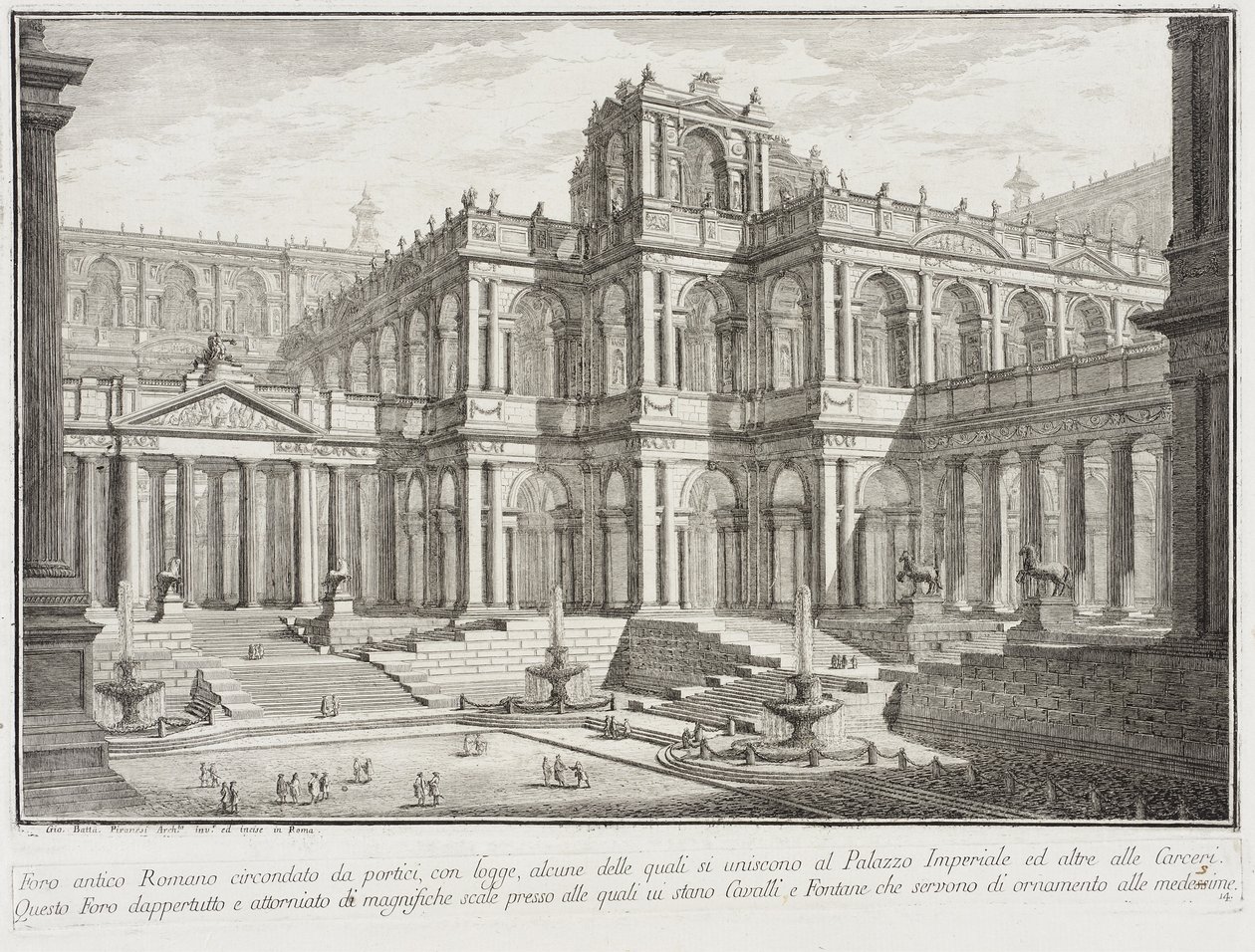 Starożytne forum otoczone portykami, ok. 1743 autorstwa Giovanni Battista Piranesi