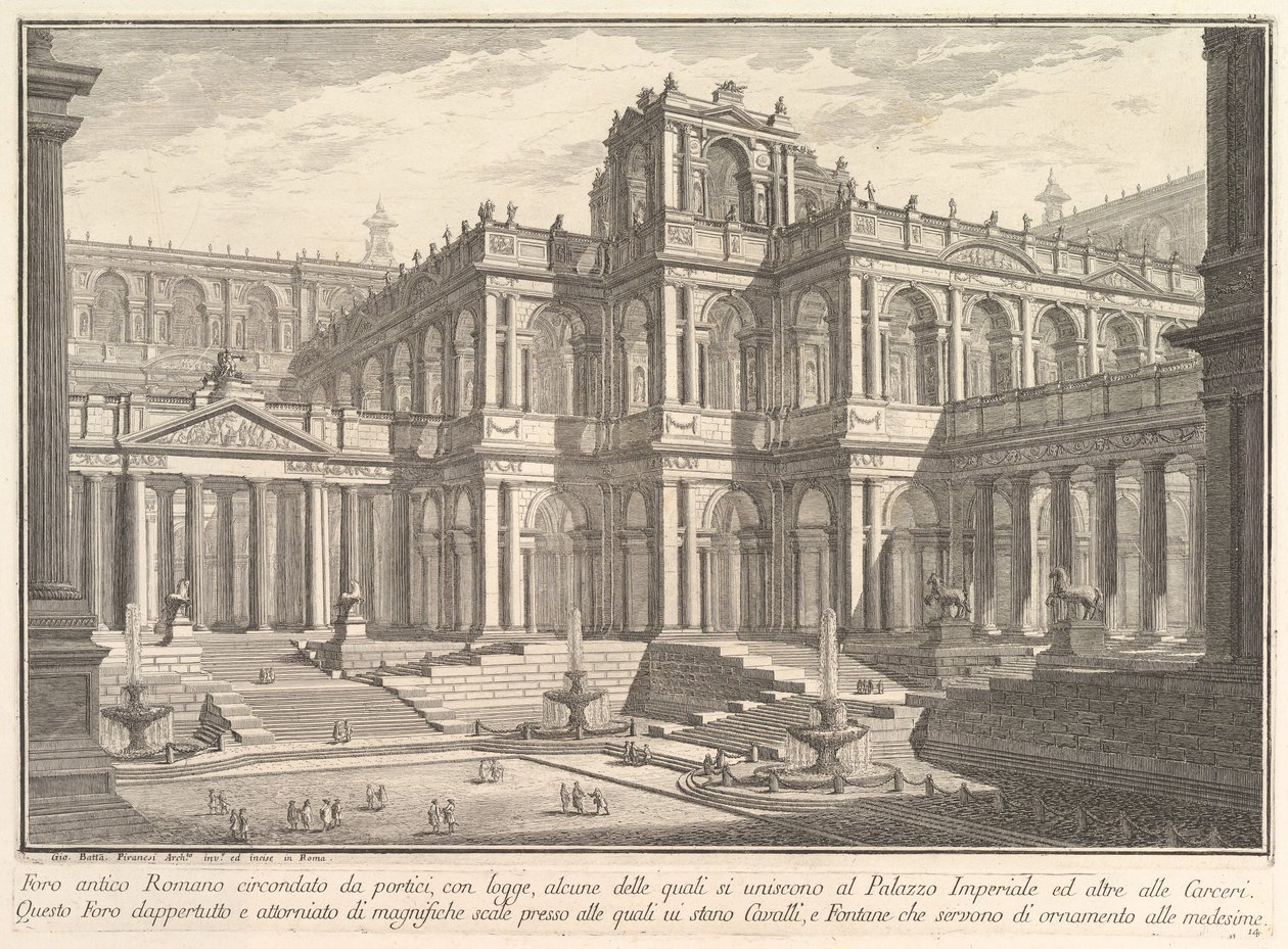 Starożytne rzymskie forum otoczone portykami, z loggiami, z których część komunikuje się w... 1750. autorstwa Giovanni Battista Piranesi