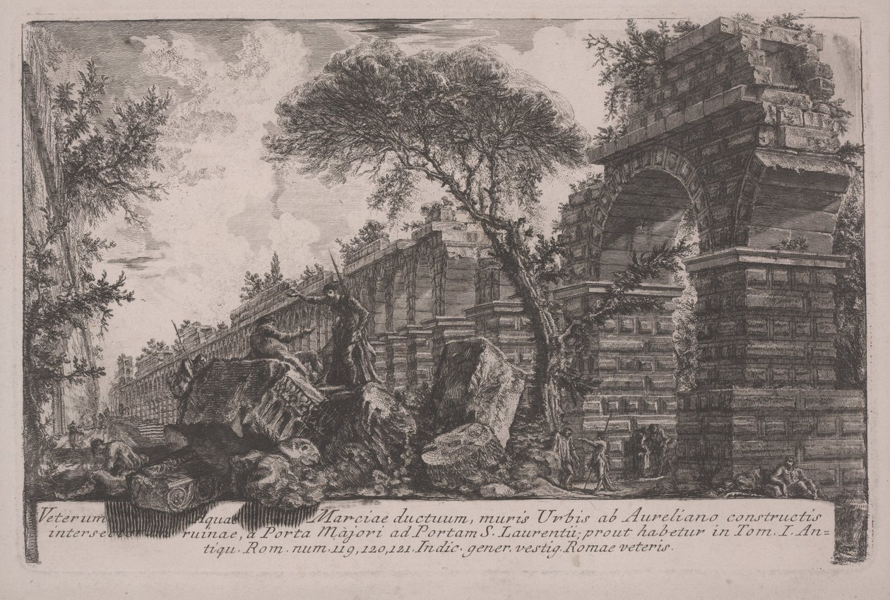 Starożytny akwedukt Acqua Marcia przy murach miejskich wzniesiony przez Aurelian autorstwa Giovanni Battista Piranesi