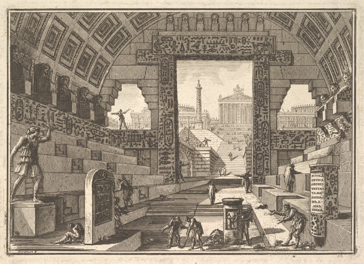 Starożytna szkoła zbudowana w stylu egipskim i greckim autorstwa Giovanni Battista Piranesi
