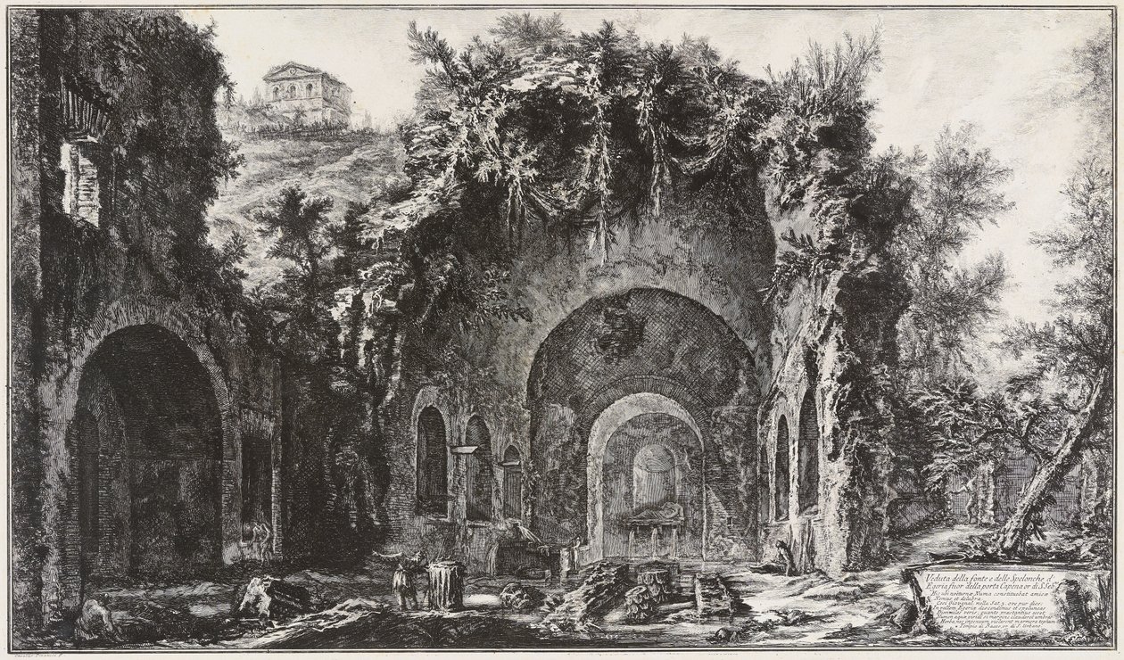 Widok źródła i grot Egerii przed Porta Capena, obecnie Porta di San Sebastiano autorstwa Giovanni Battista Piranesi