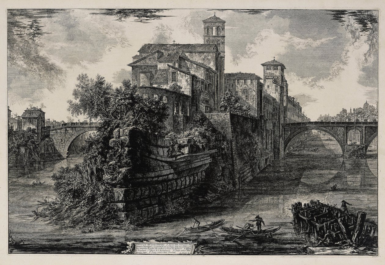 Widok na Wyspę Tyberyjską (z: Vedute di Roma) autorstwa Giovanni Battista Piranesi