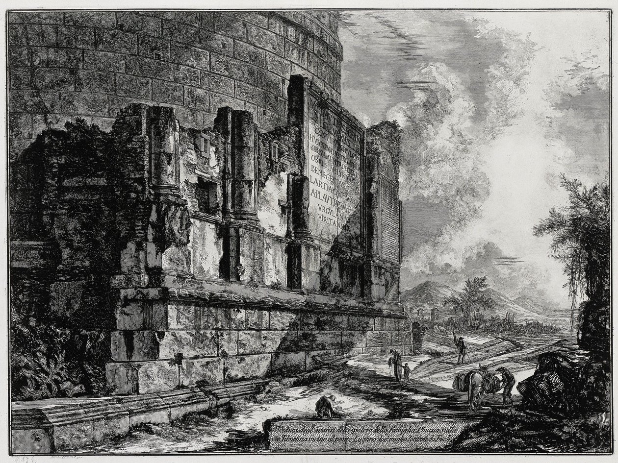 Widok pozostałości grobowca Plautiuszów koło Tivoli (z: Vedute di Roma) autorstwa Giovanni Battista Piranesi