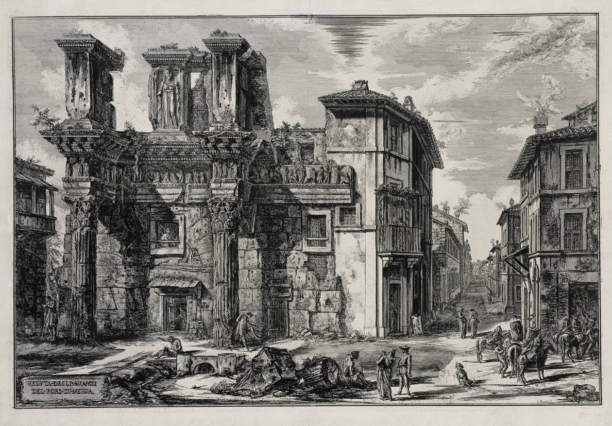 Widok pozostałości Forum Nerwy w Rzymie (z: Vedute di Roma) autorstwa Giovanni Battista Piranesi